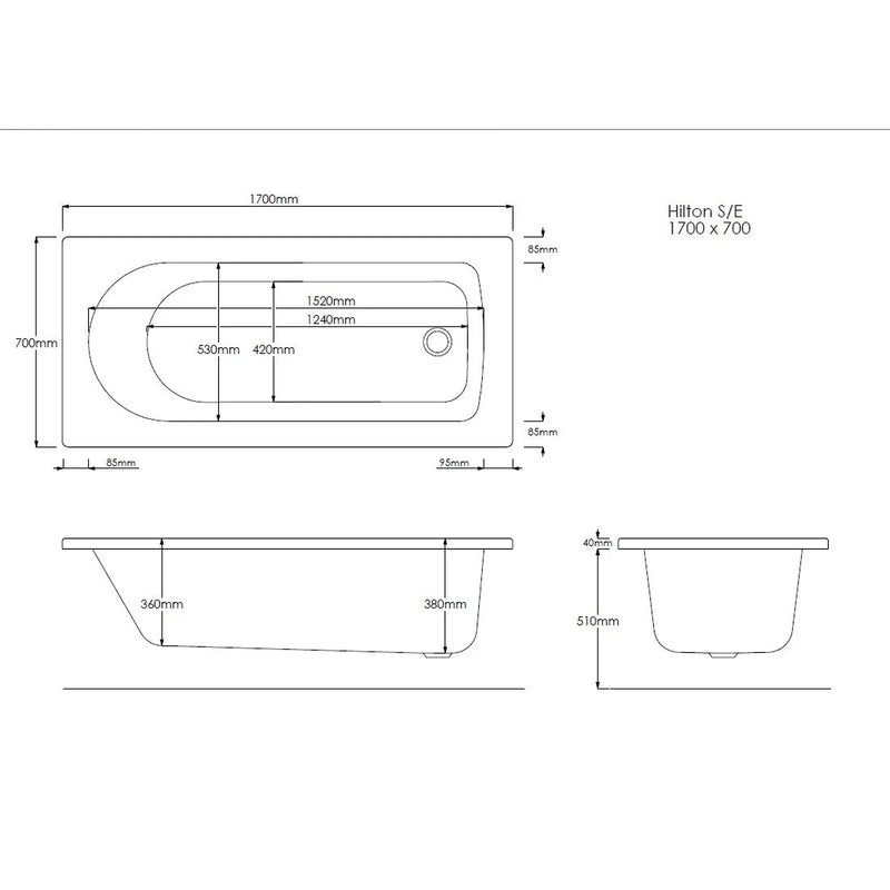 Pure Baths Nova 1700mm x 700mm Single Ended Bath