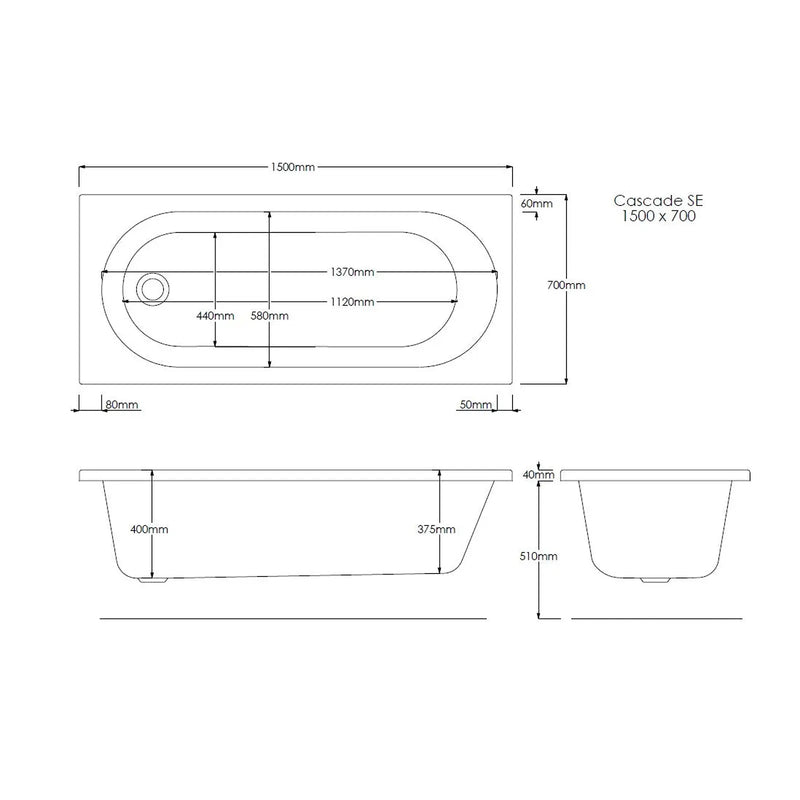 Pure Baths Excel 1500mm x 700mm Single Ended Bath