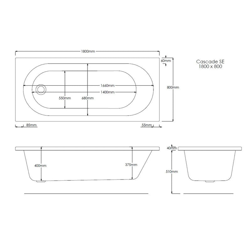 Pure Baths Excel 1800mm x 800mm Single Ended Bath