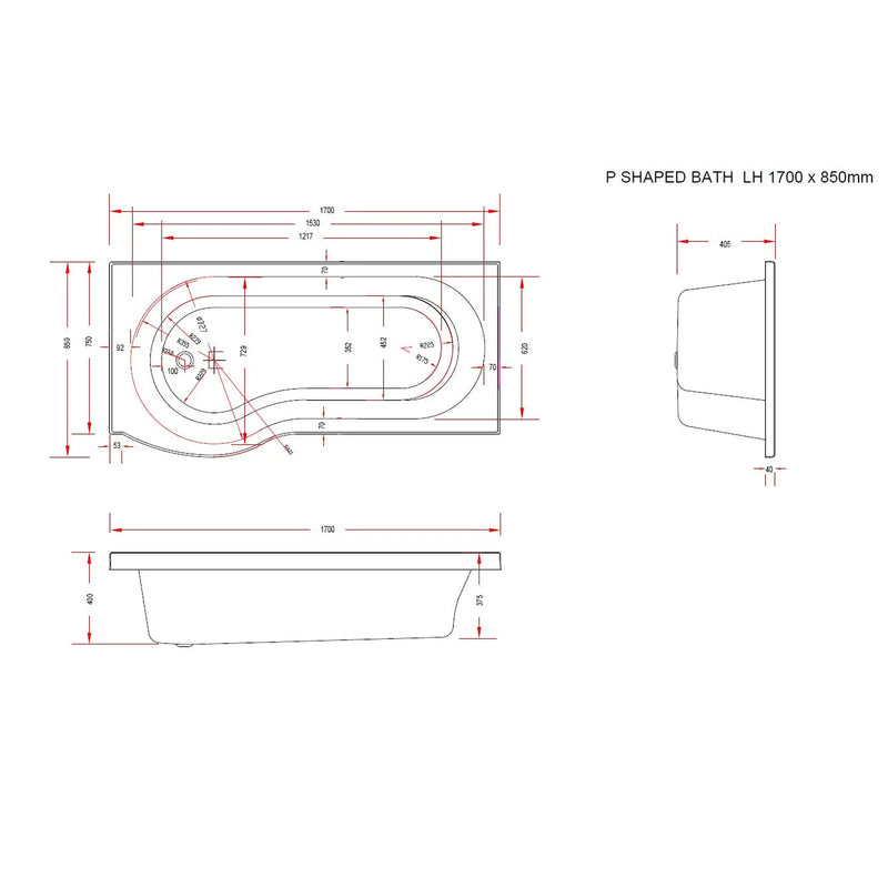 Pure Baths Sage 1700mm x 850mm Left Handed P Shaped Bath