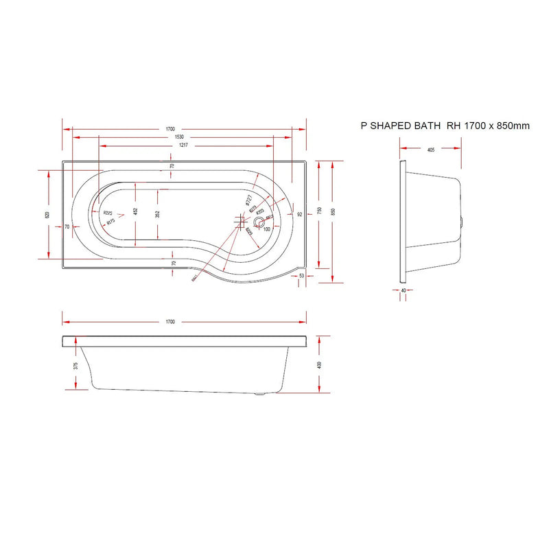 Pure Baths Sage 1700mm x 850mm Right Handed P Shaped Bath