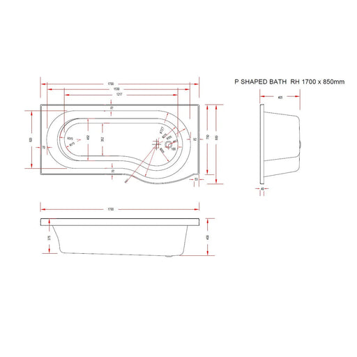 Pure Baths Sage 1700mm x 850mm Right Handed P Shaped Bath