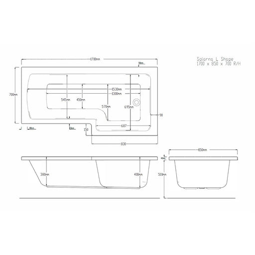 Pure Baths Tide 1700mm x 850mm Right Handed L Shaped Bath