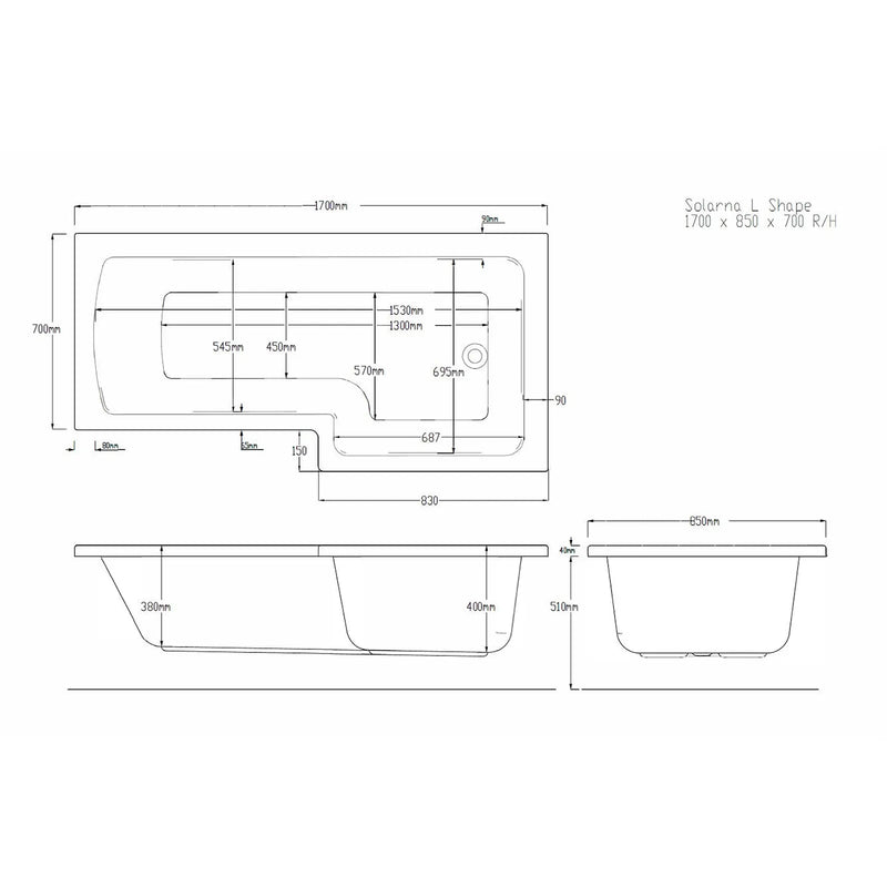 Pure Baths Tide Geode 1700mm x 850mm Right Handed L Shaped Bath