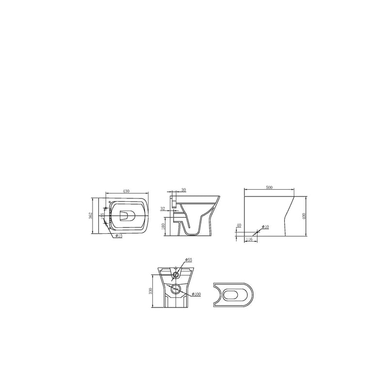 Pure Baths Eclipse Square 400mm x 500mm x 360mm Back To Wall WC Pan - White