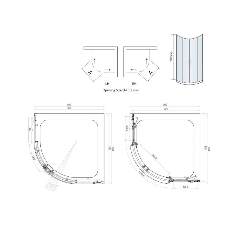 Pure Baths Belmont 6mm x 900mm x 900mm 2 Door Quadrant Shower Enclosure