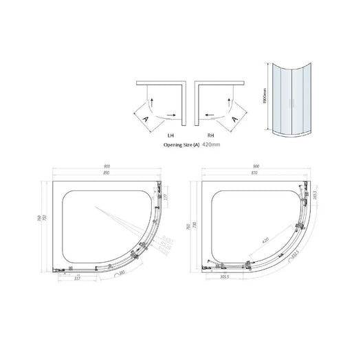 Pure Baths Belmont 6mm x 900mm x 760mm 2 Door Quadrant Shower Enclosure