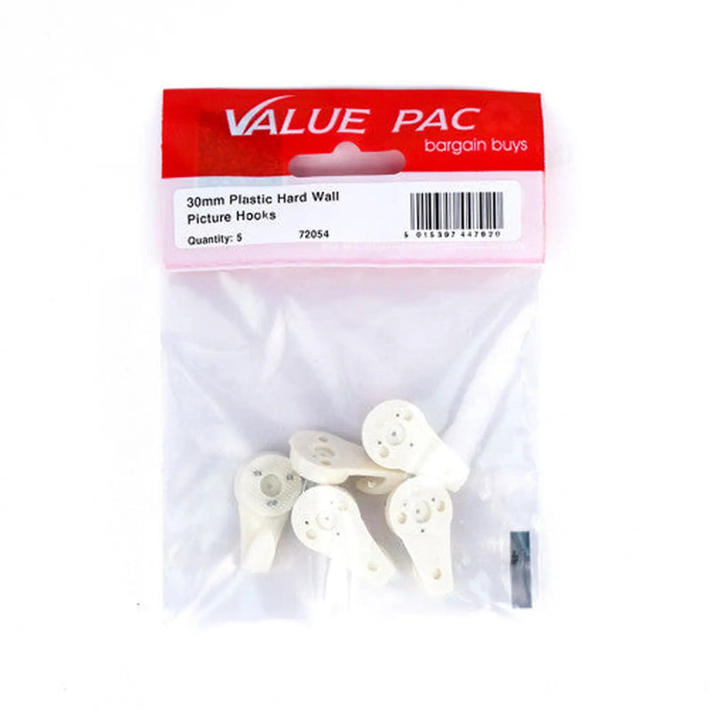 30mm Plastic Hard Wall Picture Hooks (Pack of 5) - Pack of 10