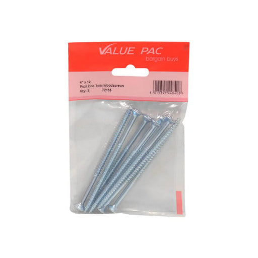 4" x 12 ZP Cross Recessed Hardened Twin Thread Woodscrews with - Pack of 10