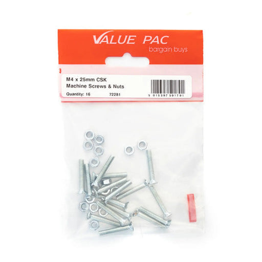 M4 x 25mm ZP Machine Screws & Nuts CSK - Pack of 10