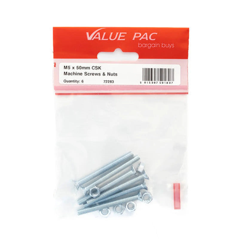 M5 x 50mm ZP Machine Screws & Nuts CSK - Pack of 10