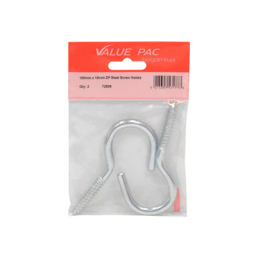 100mm x 18mm ZP Steel Screw Hooks 2pk - Pack of 10