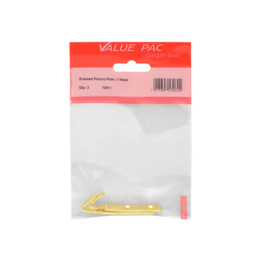Brassed Picture Plate 'J' Hook 2pk - Pack of 10