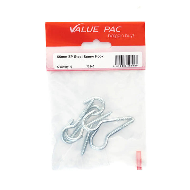 55mm Zinc Steel Screw Hooks - Pack of 10