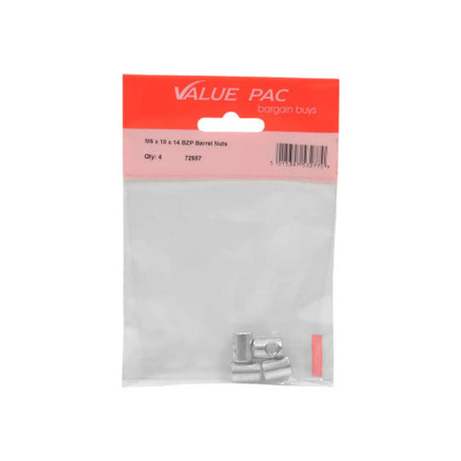 M6 x 10 x 14 BZP Barrel Nuts 4pk - Pack of 10