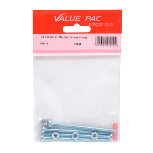 M5 x 75mm ZP Machine Screws & Nuts 4pk - Pack of 10