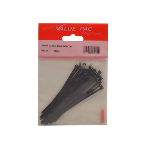 100mm x 2.5mm Black Cable Ties 25pk - Pack of 10