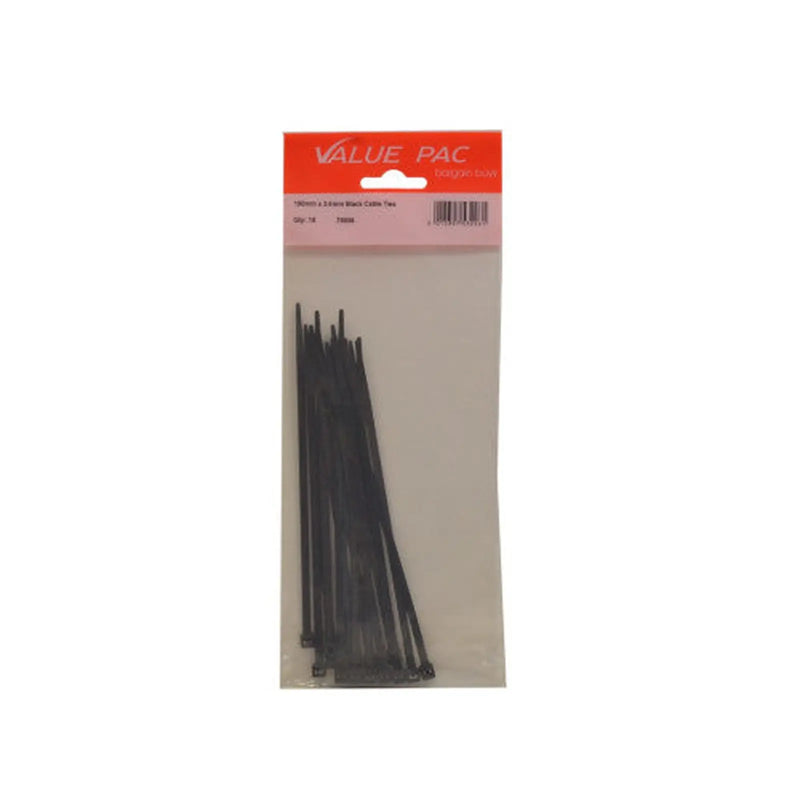 150mm x 3.6mm Black Cable Ties 15pk - Pack of 10