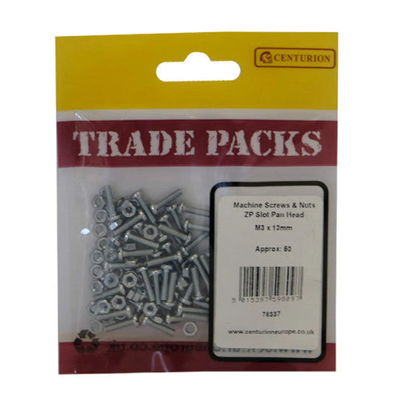 Machine Screws & Nuts - Zinc Plated - Slot Pan Head - M3 x 12mm - - Pack of 5
