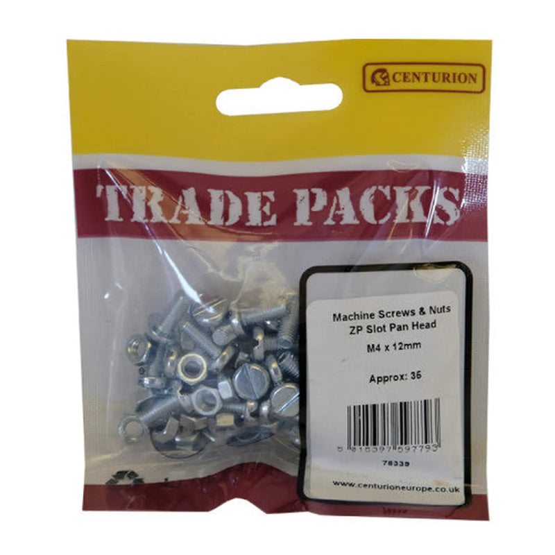 Machine Screws & Nuts - Zinc Plated - Slot Pan Head  - M4 x 12mm - - Pack of 5