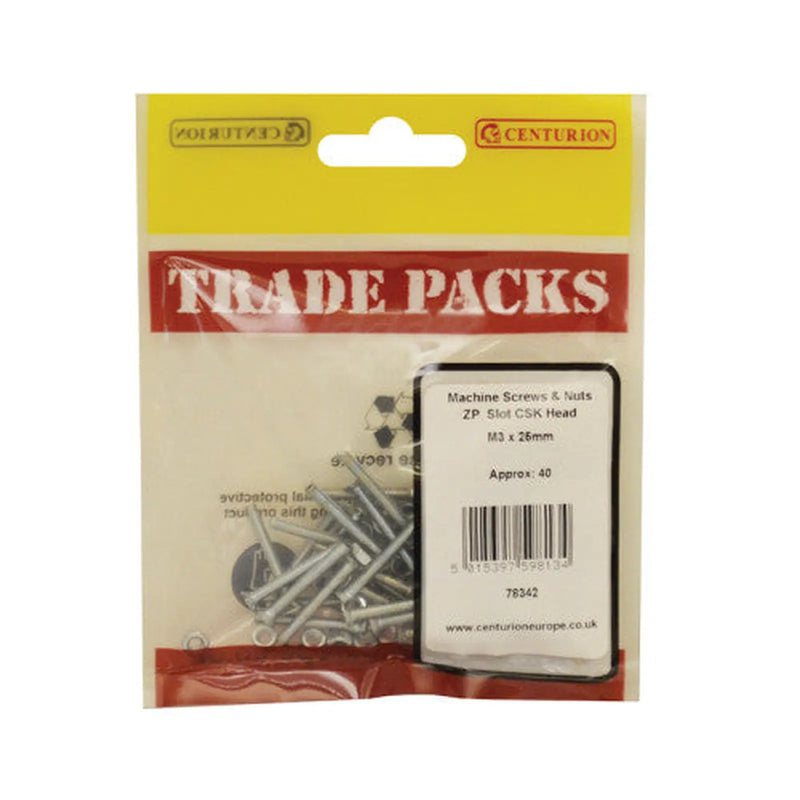 Machine Screws & Nuts - Zinc Plated - Slot CSK Head - M3 x 25mm - - Pack of 5