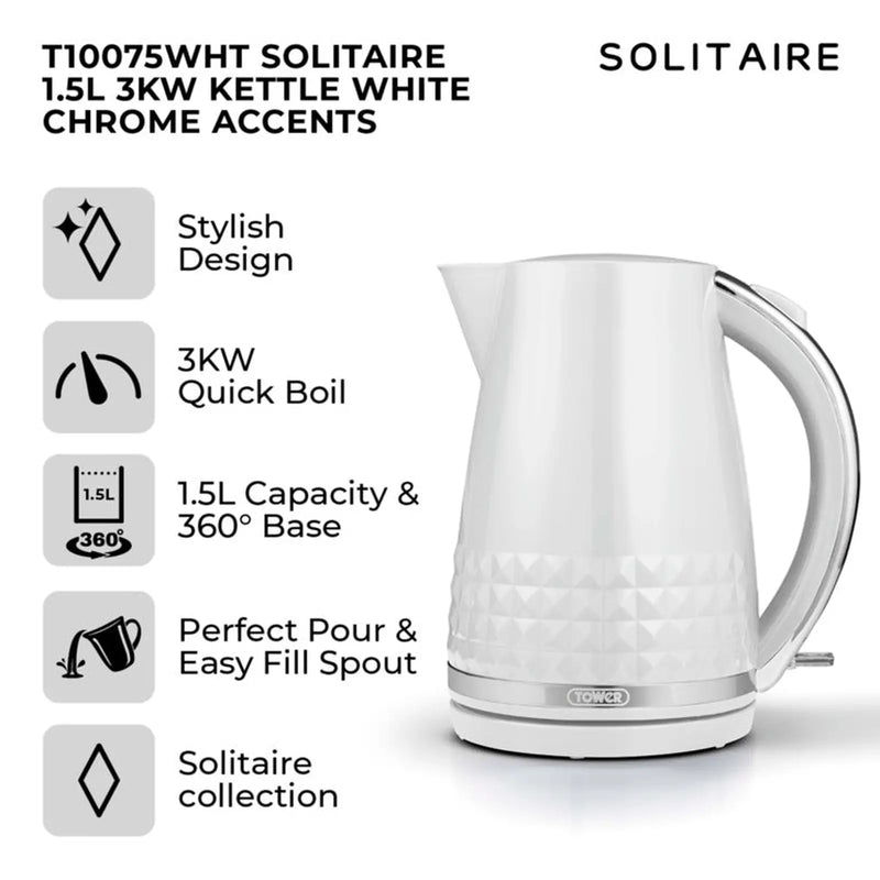 Tower Solataire White Kettle 3kw 1.5L