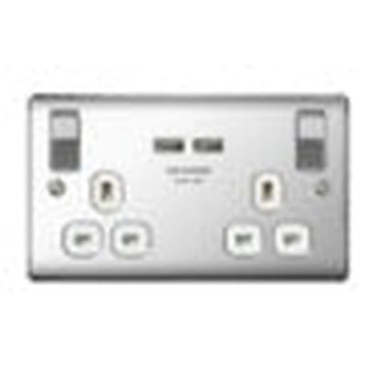 BG 13a 2 Gang Switch Socket & USB Polished Chrome With White Inserts