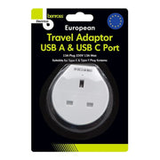 Benross 1 Way European Travel Adaptor 1 x USB-A and 1 x USB-C