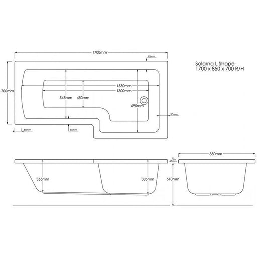 Trojan Solarna L Shape Shower Bath RH 1700 x 850 x 700mm