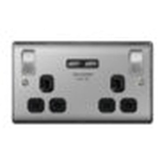 BG 13a 2 Gang Switch Socket & USB Brushed Steel With Black Inserts