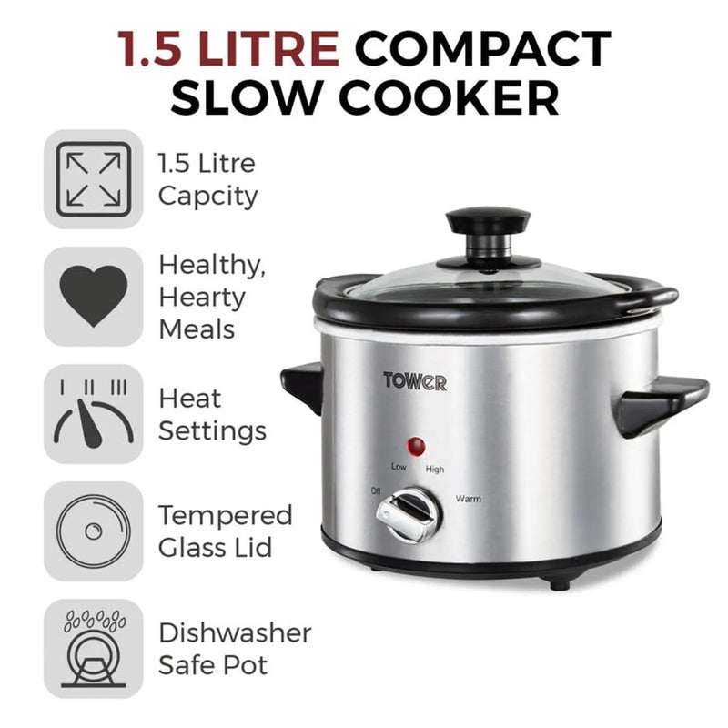 Tower Stainless Steel Slow Cooker 1.5L