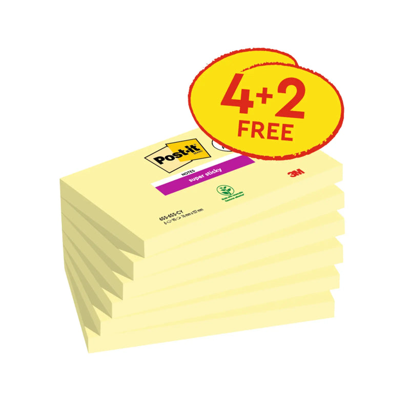 Post-it® Super Sticky Yellow Notes 76 mm x 127 mm 90 Sheets 4 Pads Plus 2 Free