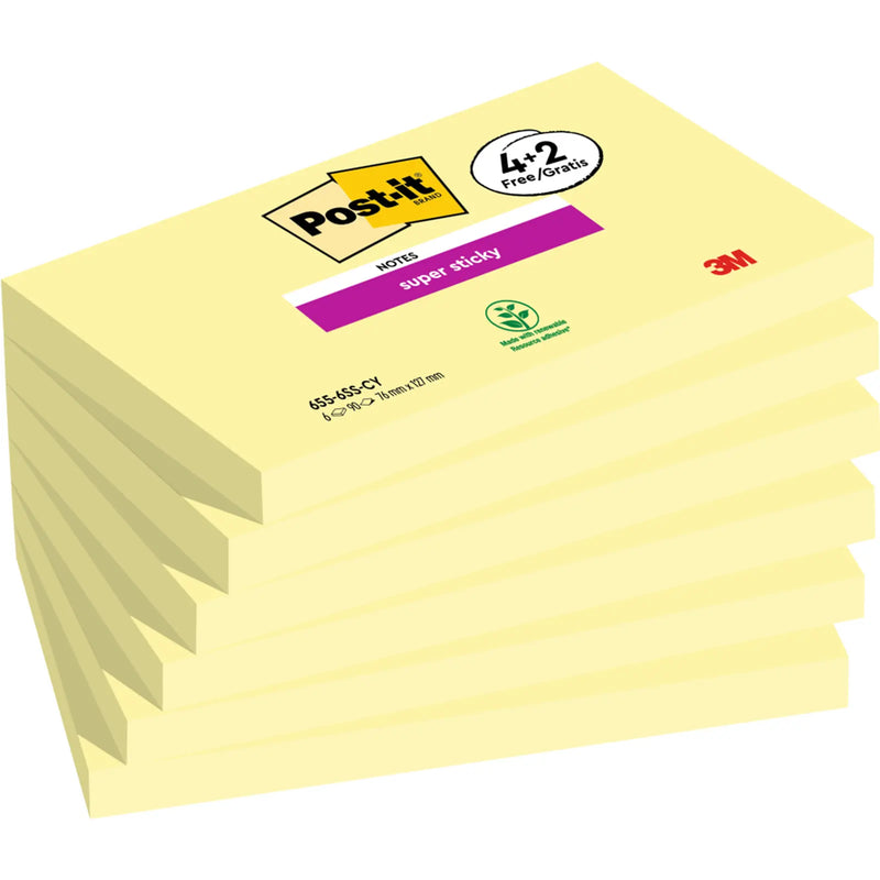Post-it® Super Sticky Yellow Notes 76 mm x 127 mm 90 Sheets 4 Pads Plus 2 Free