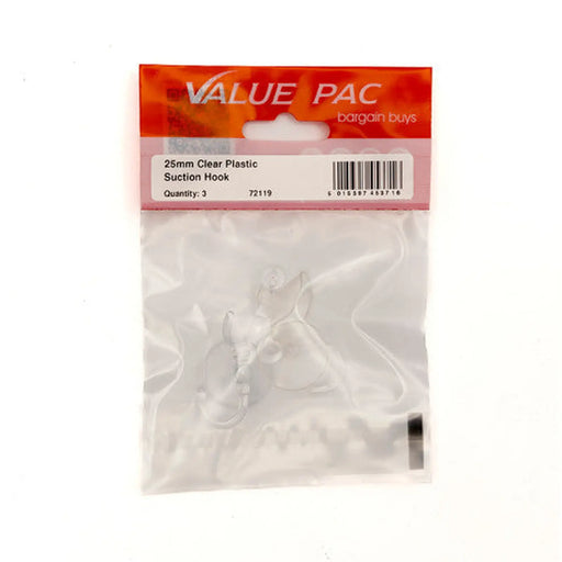 25mm Clear Plastic Suction Hook (Pack of 3) - Pack of 10