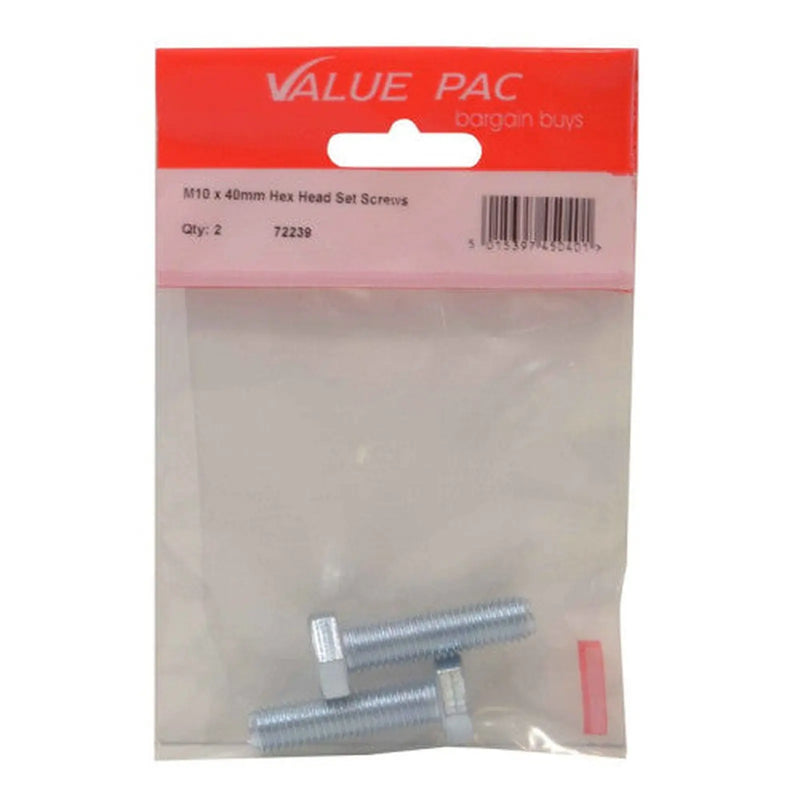 M10 x 40mm Hex Head Set Screws (Pack of 2) - Pack of 10