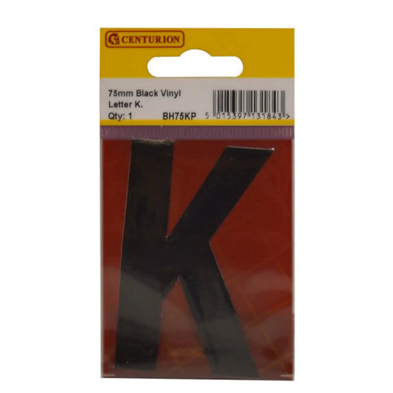 75mm Black Helvetica Bold Condensed Style Vinyl Letter K - Pack of 10