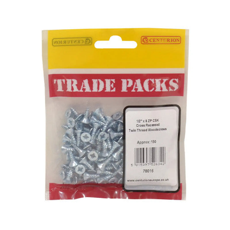 Pozi Twinthread Countersunk Woodscrews - Zinc Plated - 1/2" x 8 - - Pack of 5