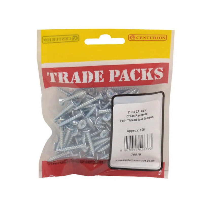 Pozi Twinthread Countersunk Woodscrews - Zinc Plated - 1" x 8 - - Pack of 5