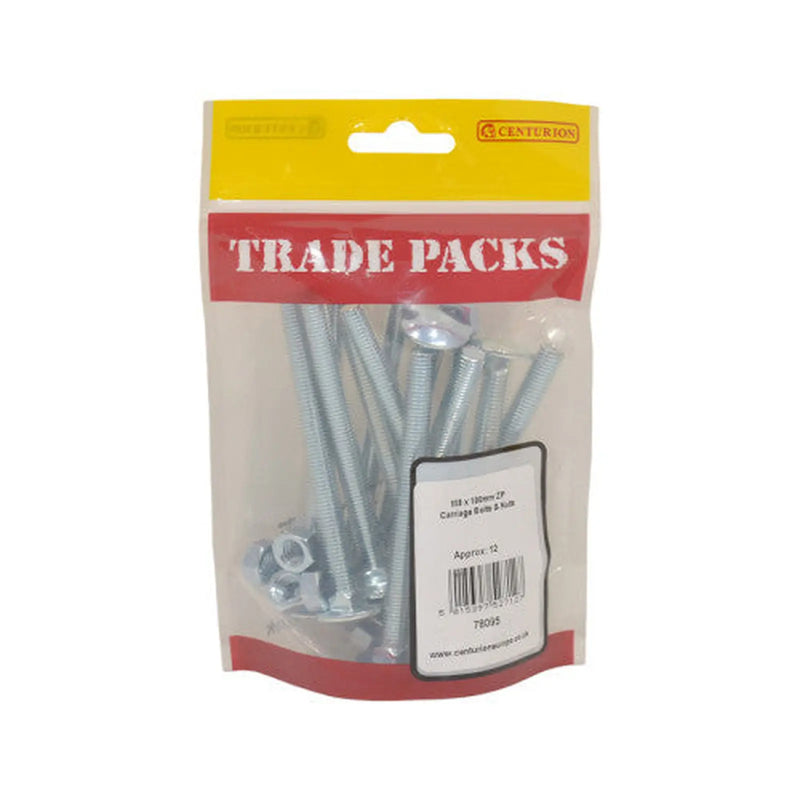Cup Square Carriage Bolts & Nuts - Zinc Plated - M8 x 100mm - (12 - Pack of 5