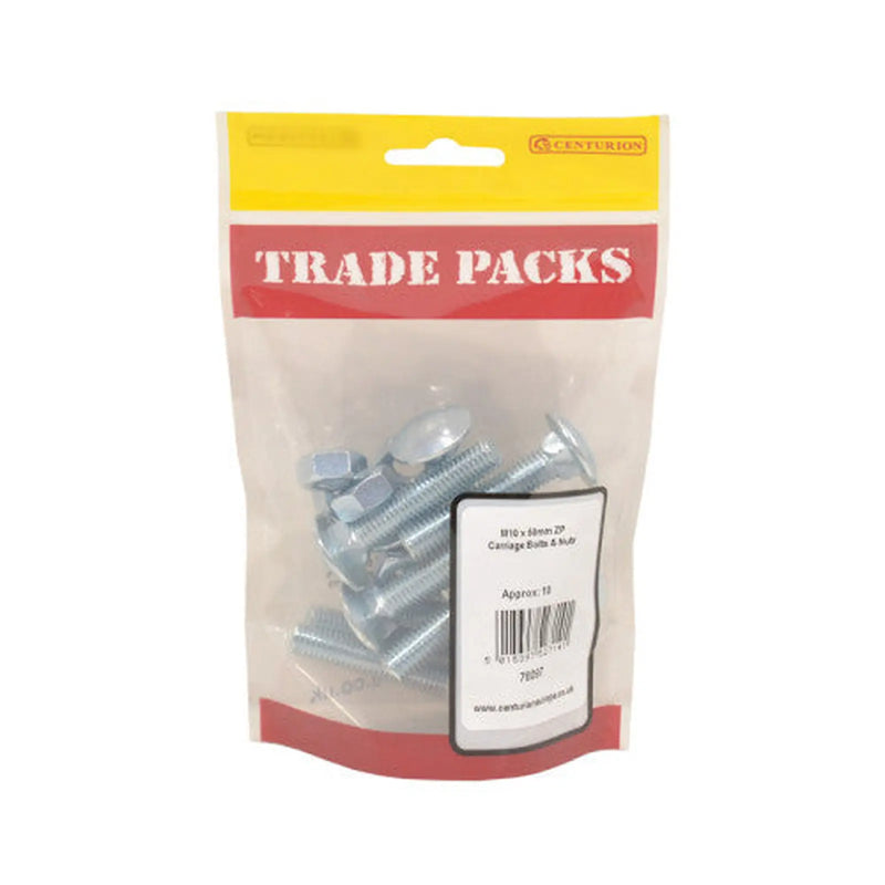Cup Square Carriage Bolts & Nuts - Zinc Plated - M10 x 50mm - (10 - Pack of 5