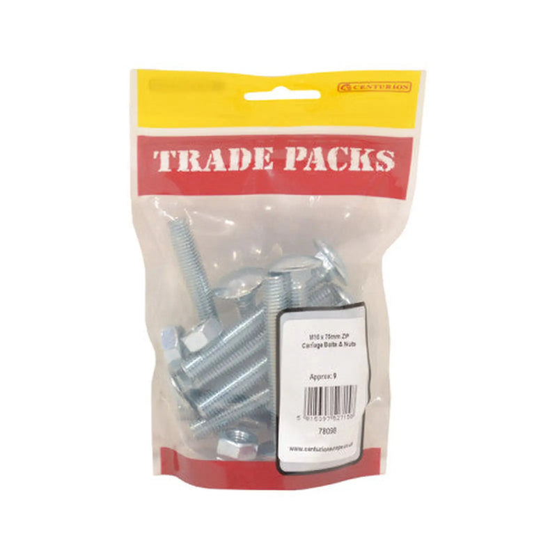 Cup Square Carriage Bolts & Nuts - Zinc Plated - M10 x 75mm - (9 PK) - Pack of 5
