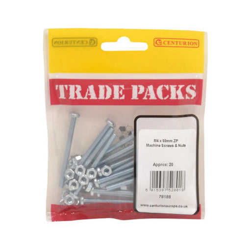 Machine Screws & Nuts - Zinc Plated - M4 x 50mm - (20 PK) - Pack of 5