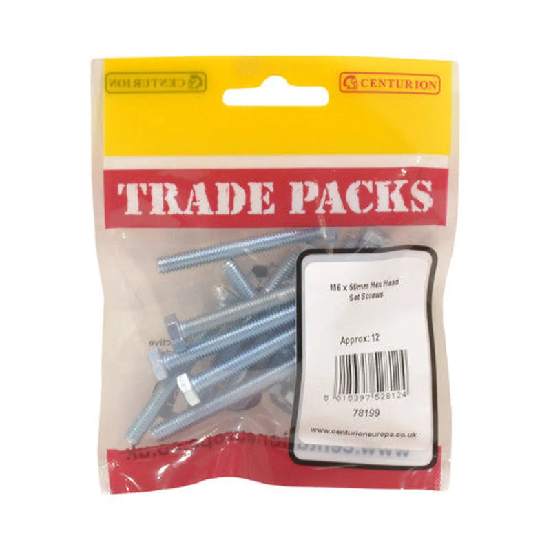 Hex Head Set Screws - Zinc Plated - M6 x 50mm - (12 PK) - Pack of 5