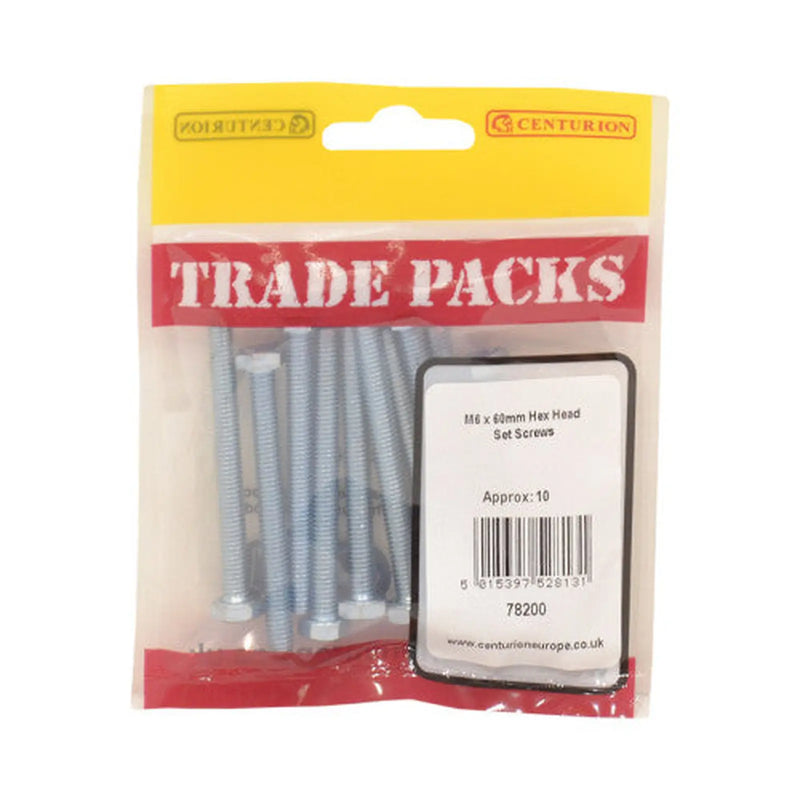Hex Head Set Screws - Zinc Plated - M6 x 60mm - (10 PK) - Pack of 5