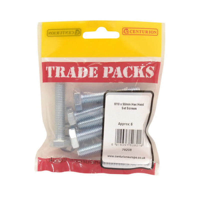 Hex Head Set Screws - Zinc Plated - M10 x 50mm - (6 PK) - Pack of 5