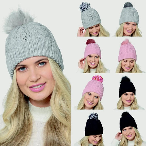 RJM Ladies Cable Hat With 3 Detachable Pompom Assorted Colours Available