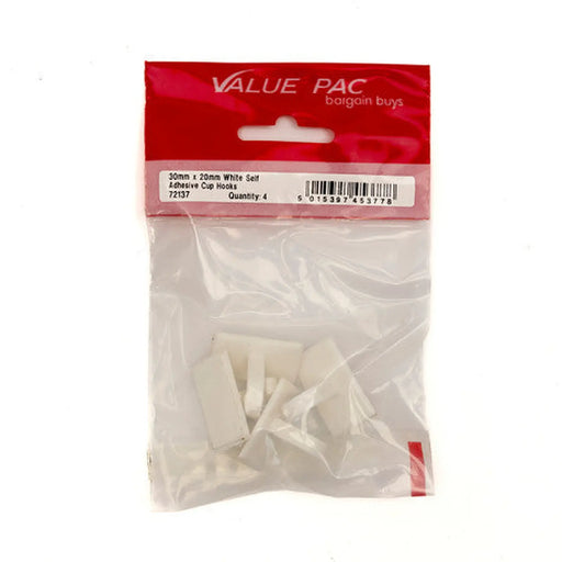 30mm x 20mm White Self Adhesive Cup Hooks (Pack of 4) - Pack of 10