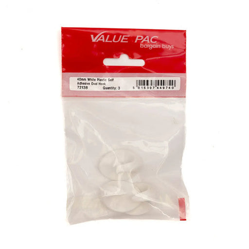 40mm White Plastic Self Adhesive Oval Hook (Pack of 3) - Pack of 10