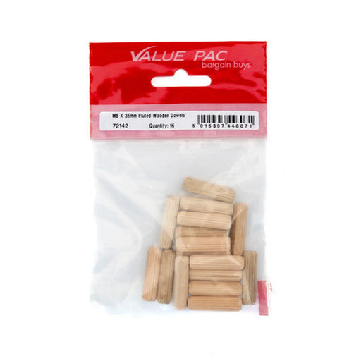 M8 x 35mm Fluted Wooden Dowels (Pack of 16) - Pack of 10