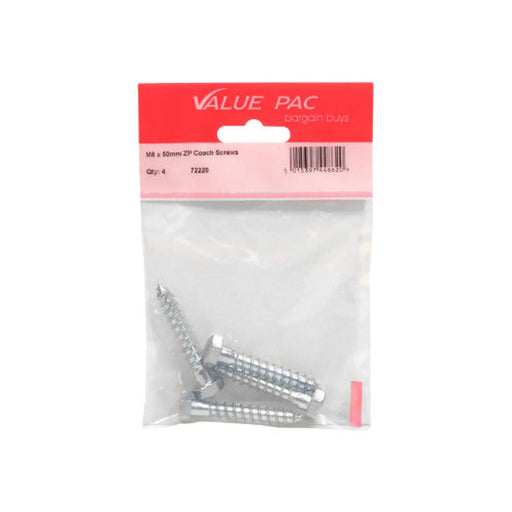 M8 x 50mm ZP Coach Screws (Pack of 4) - Pack of 10